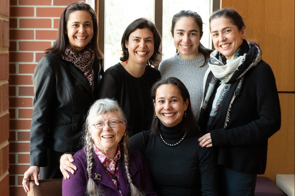 The four Iqbal sisters were among the many alumni who came to campus for Professor Emeritus of Chemistry Addison Ault’s memorial in November 2023. Ault and his wife, Janet Ault ’78, embraced and generously supported the Pakistani sisters. Clockwise from top left: Rukhsana Iqbal, Roshan Iqbal ’00, Sonia Mei Hussian (daughter of Roohi Iqbal), Roohi Iqbal ’00, Ronak Iqbal, and Janet Ault. Rukhsana and Ronak attended Cornell briefly.