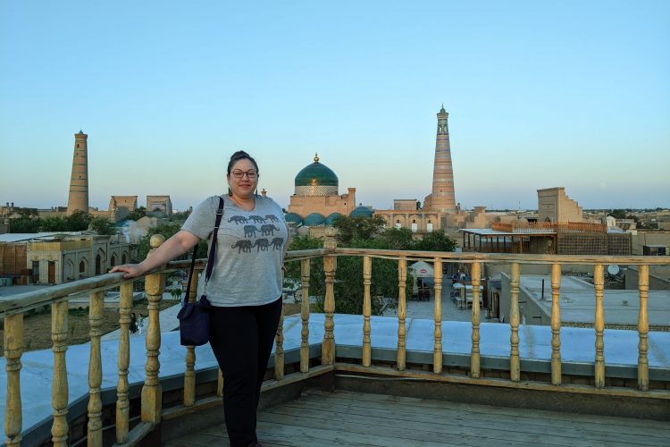 Emily Barbuto ’00 stands in Khiva Uzbekistan during a 2023 trip.