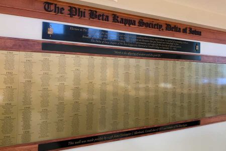 Phi Beta Kappa plaque in Cole Library with names dating from 1922-2023