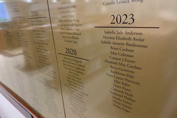 Closeup of the 2023 names on the Phi Beta Kappa plaque listing names of all inductees.