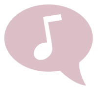 white musical note in a pink speech bubble