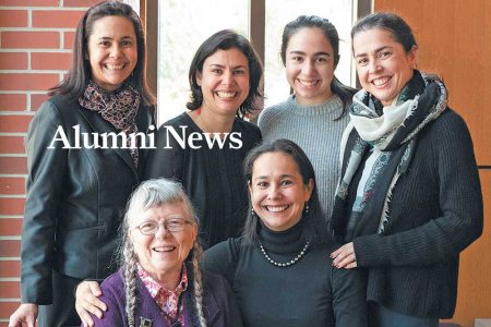 The four Iqbal sisters were among the many alumni who came to campus for Professor Emeritus of Chemistry Addison Ault’s memorial in November 2023. Ault and his wife, Janet Ault ’78, embraced and generously supported the Pakistani sisters. Clockwise from top left: Rukhsana Iqbal, Roshan Iqbal ’00, Sonia Mei Hussian (daughter of Roohi Iqbal), Roohi Iqbal ’00, Ronak Iqbal, and Janet Ault. Rukhsana and Ronak attended Cornell briefly.