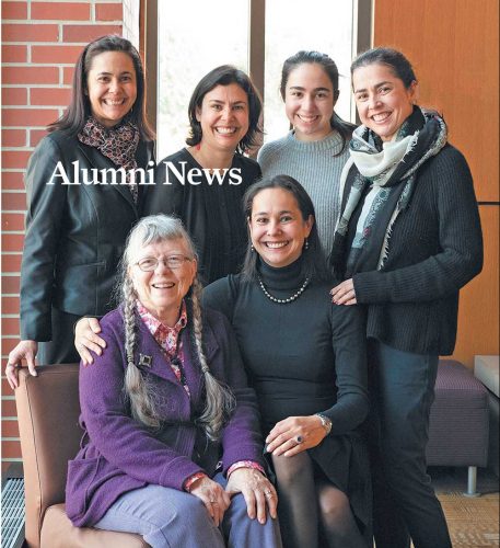 The four Iqbal sisters were among the many alumni who came to campus for Professor Emeritus of Chemistry Addison Ault’s memorial in November 2023. Ault and his wife, Janet Ault ’78, embraced and generously supported the Pakistani sisters. Clockwise from top left: Rukhsana Iqbal, Roshan Iqbal ’00, Sonia Mei Hussian (daughter of Roohi Iqbal), Roohi Iqbal ’00, Ronak Iqbal, and Janet Ault. Rukhsana and Ronak attended Cornell briefly.