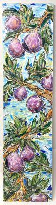 An art piece showing purple fruit on a tree