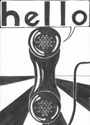 Black and white illustration with the word "hello" and a telephone.