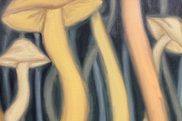 A artwork depicting tall yellow mushrooms