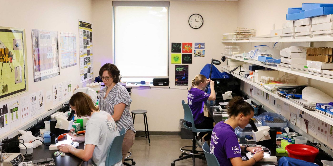 Three students work on microscopes while their professor provides assistance.