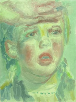 Painting of a boys face with green hues