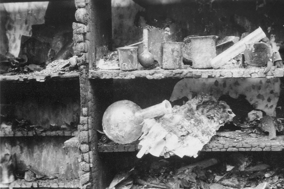 Beakers and other damaged chemistry equipment following the 1924 Old Sem fire.