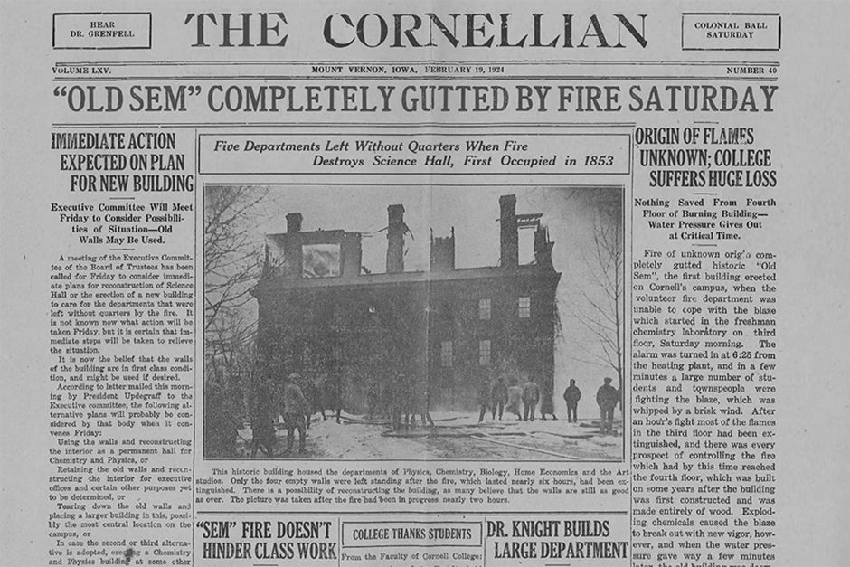 The front page Cornellian newspaper coverage immediately following the 1924 Old Sem fire.