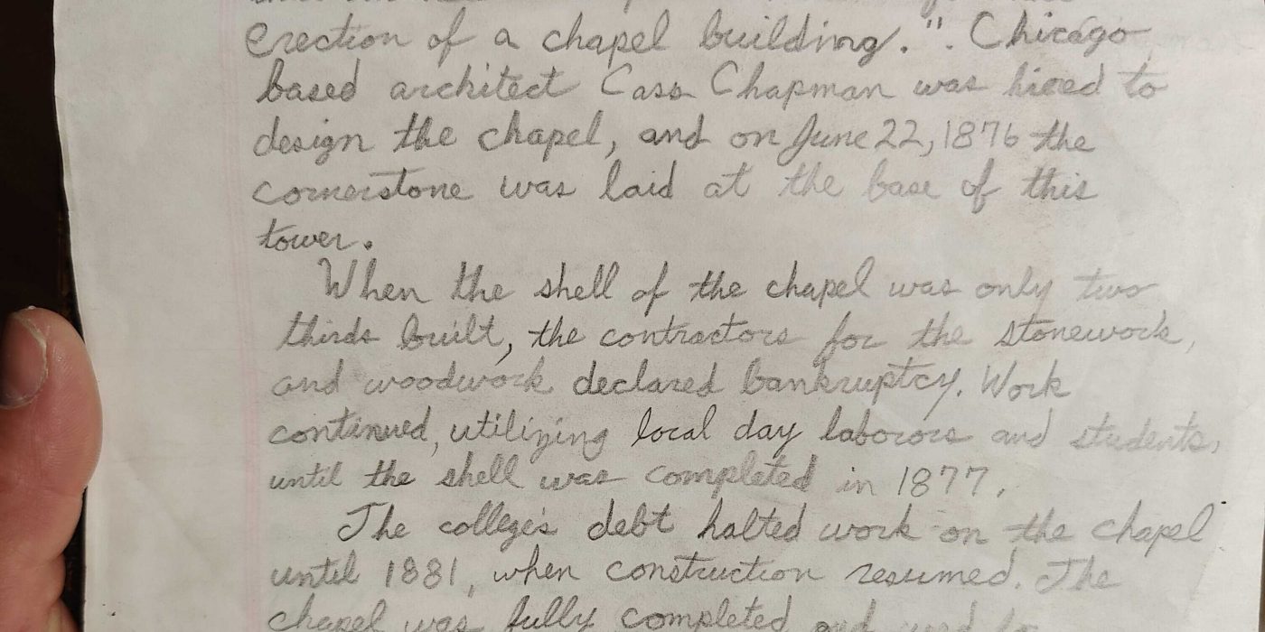 This partial letter found in King Chapel describes the early construction stages and several points of interest.