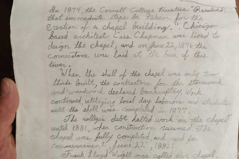 This partial letter found in King Chapel describes the early construction stages and several points of interest.