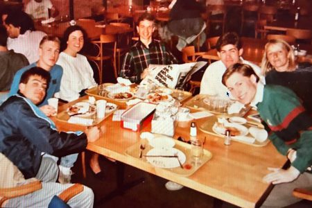 The Lunch Crew in the Thomas Commons (from left to right): Steve Branz ’91, Raymond Heiland ’92, Molly Malecek Yerger ’91, Kevin Kramp ’91, Brennen Dicker ’91, Mark Stabelfeldt ’91, and Christy Aggens ’91. Not pictured: Marisa Moyer Klein ’91, Tina Naaktgeboren Booker ’91, Greg Nixon ’91, Vondolee Delgado-Nixon ’91, Pat O’Connor ’91, Tracy Poston Mathews ’91, David Wood ’91, Richard Bunten ’91, Cari Meriwether ’91, and Brent Boyd ’91.