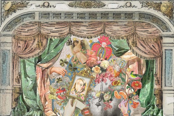 This piece of art by Alaiafune is a part of her mixed media installation that shows several images collaged together within the curtain of a stage. Images include angels, flowers, hands, fruit, and more.