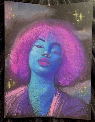 Chalk pasels on black paper of a woman with pick hair, blue skin, and pink lips. 