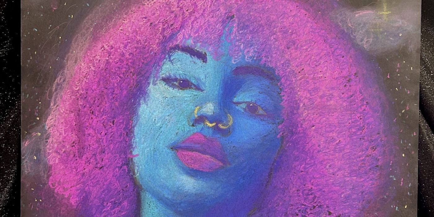 Chalk pasels on black paper of a woman with pick hair, blue skin, and pink lips.