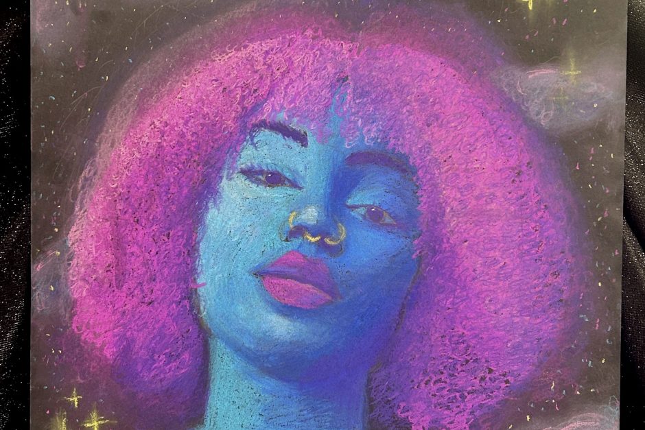 Chalk pasels on black paper of a woman with pick hair, blue skin, and pink lips.