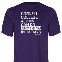 Purple T-shirt with the words Cornell Alums Can Do Anything in 18 Days